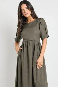 RE:UNION Label Hemisphere Khaki Short Sleeve Relaxed Midi Dress