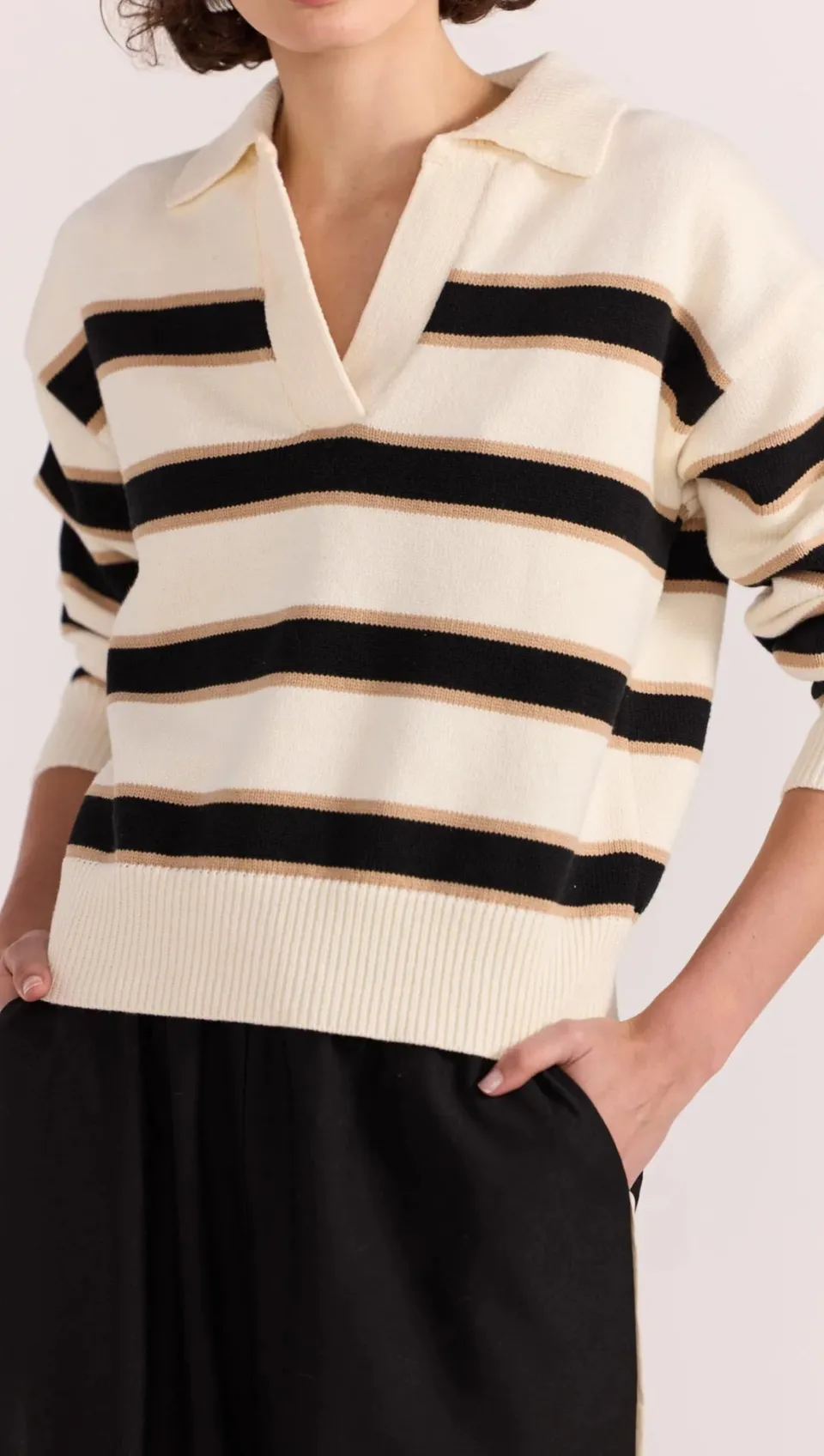 Staple The Label Hudson Cream Black Stripe Polo Jumper