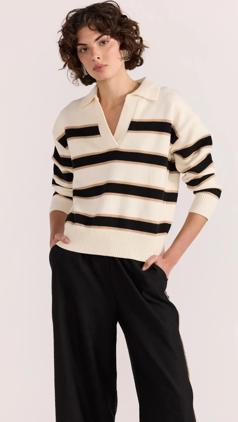 Staple The Label Hudson Cream Black Stripe Polo Jumper