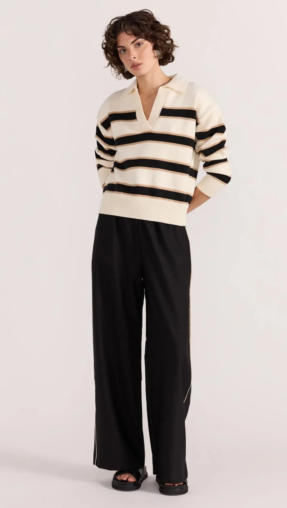 Staple The Label Hudson Cream Black Stripe Polo Jumper