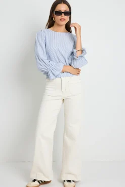 Ivy + Jack Imagine Blue Stripe Shirred Back LS Top