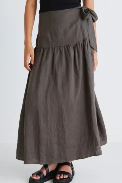 Among the Brave Impact Dark Olive Linen Tiered Wrap Maxi Skirt