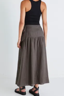 Among the Brave Impact Dark Olive Linen Tiered Wrap Maxi Skirt