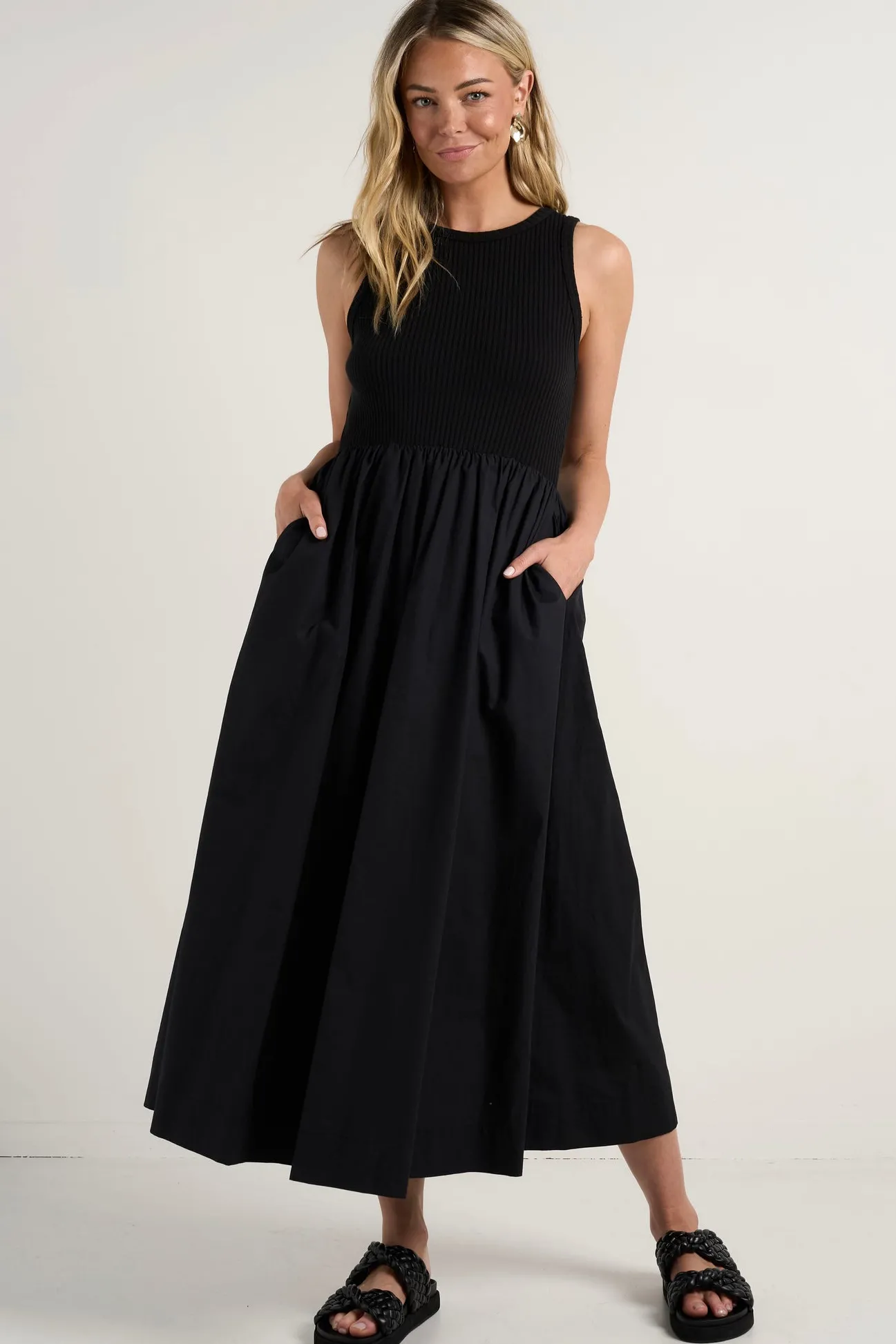 RE:UNION Label Indispensable Black Crew Neck Contrast Midi Dress