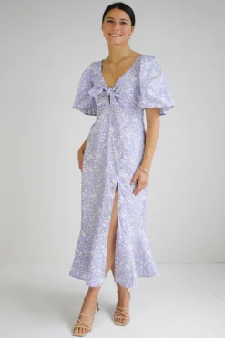 Among the Brave Innocent Cornflower Blue Baroque Floral Tie Front SS Maxi Dress
