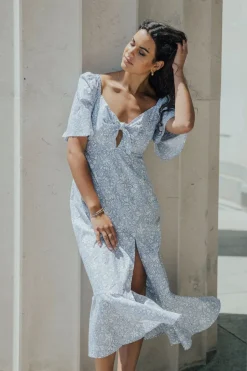 Among the Brave Innocent Cornflower Blue Baroque Floral Tie Front SS Maxi Dress