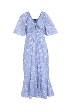 Among the Brave Innocent Cornflower Blue Baroque Floral Tie Front SS Maxi Dress