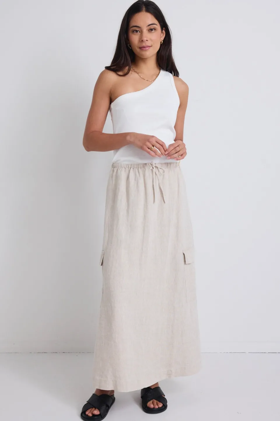 Stories be Told Invincible Natural Linen Elastic Waist Pocket Maxi Skirt