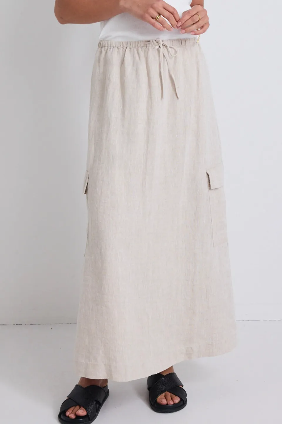 Stories be Told Invincible Natural Linen Elastic Waist Pocket Maxi Skirt