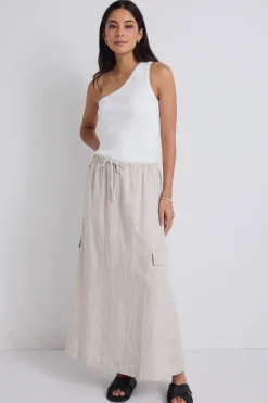 Stories be Told Invincible Natural Linen Elastic Waist Pocket Maxi Skirt