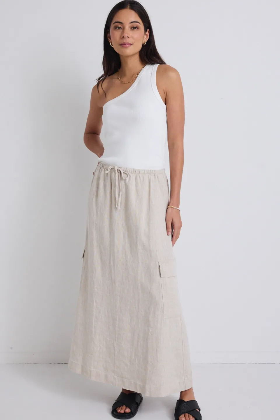 Stories be Told Invincible Natural Linen Elastic Waist Pocket Maxi Skirt
