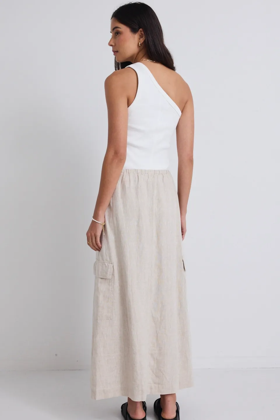 Stories be Told Invincible Natural Linen Elastic Waist Pocket Maxi Skirt