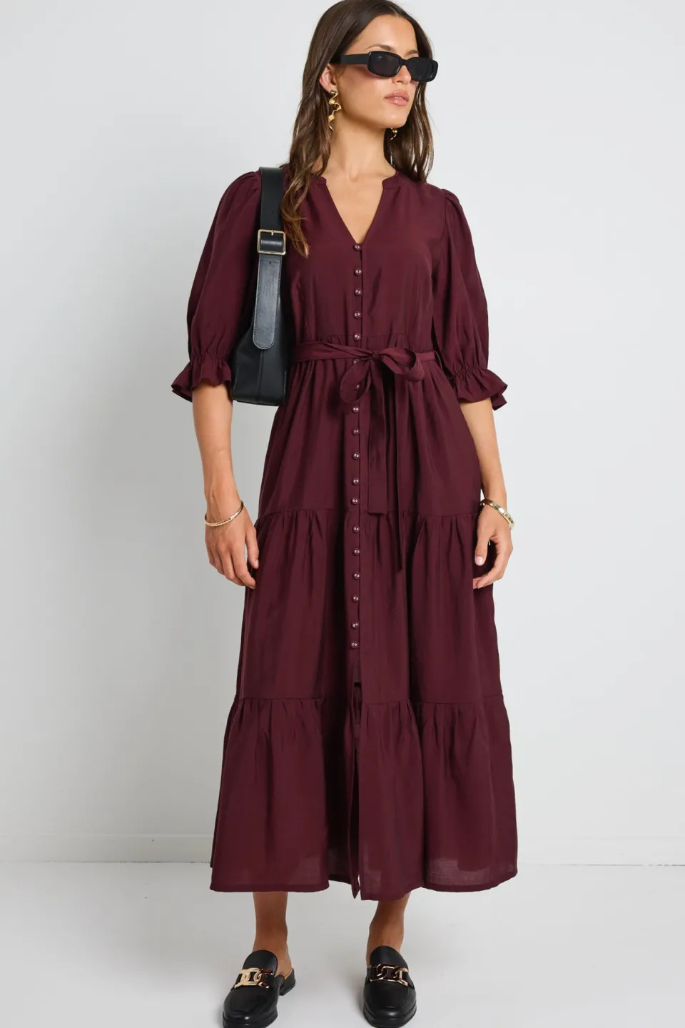 By Rosa. Irresistible Burgundy SS Button Front Tiered Maxi Dress