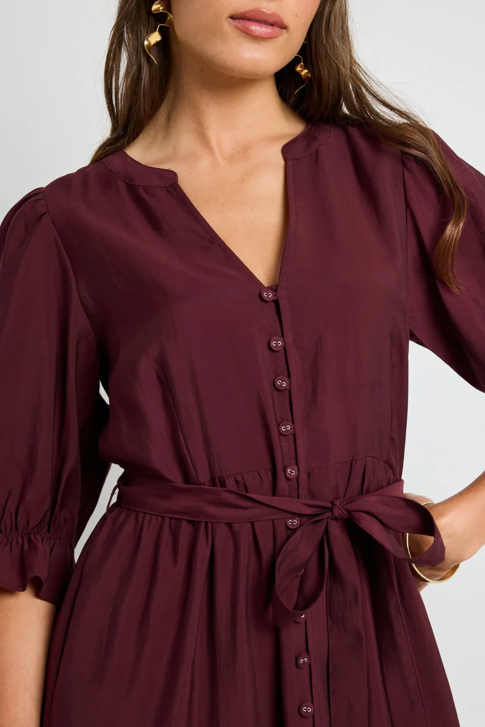 By Rosa. Irresistible Burgundy SS Button Front Tiered Maxi Dress