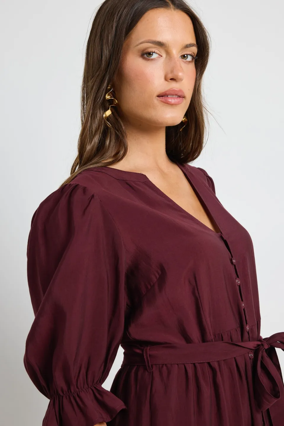 By Rosa. Irresistible Burgundy SS Button Front Tiered Maxi Dress