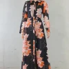 Sofia Irina Isabella Black Floral Print Silk Linen LS Maxi Dress