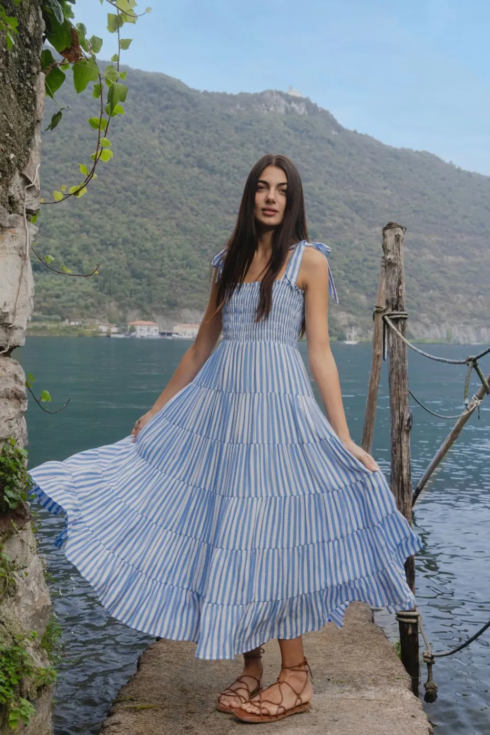 Ivy + Jack Isabella Blue White Stripe Strappy Tiered Maxi Dress