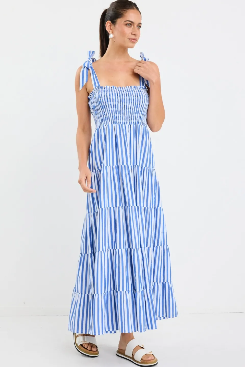 Ivy + Jack Isabella Blue White Stripe Strappy Tiered Maxi Dress