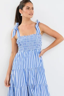 Ivy + Jack Isabella Blue White Stripe Strappy Tiered Maxi Dress