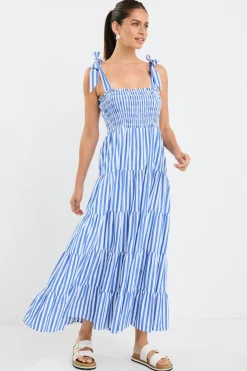 Ivy + Jack Isabella Blue White Stripe Strappy Tiered Maxi Dress