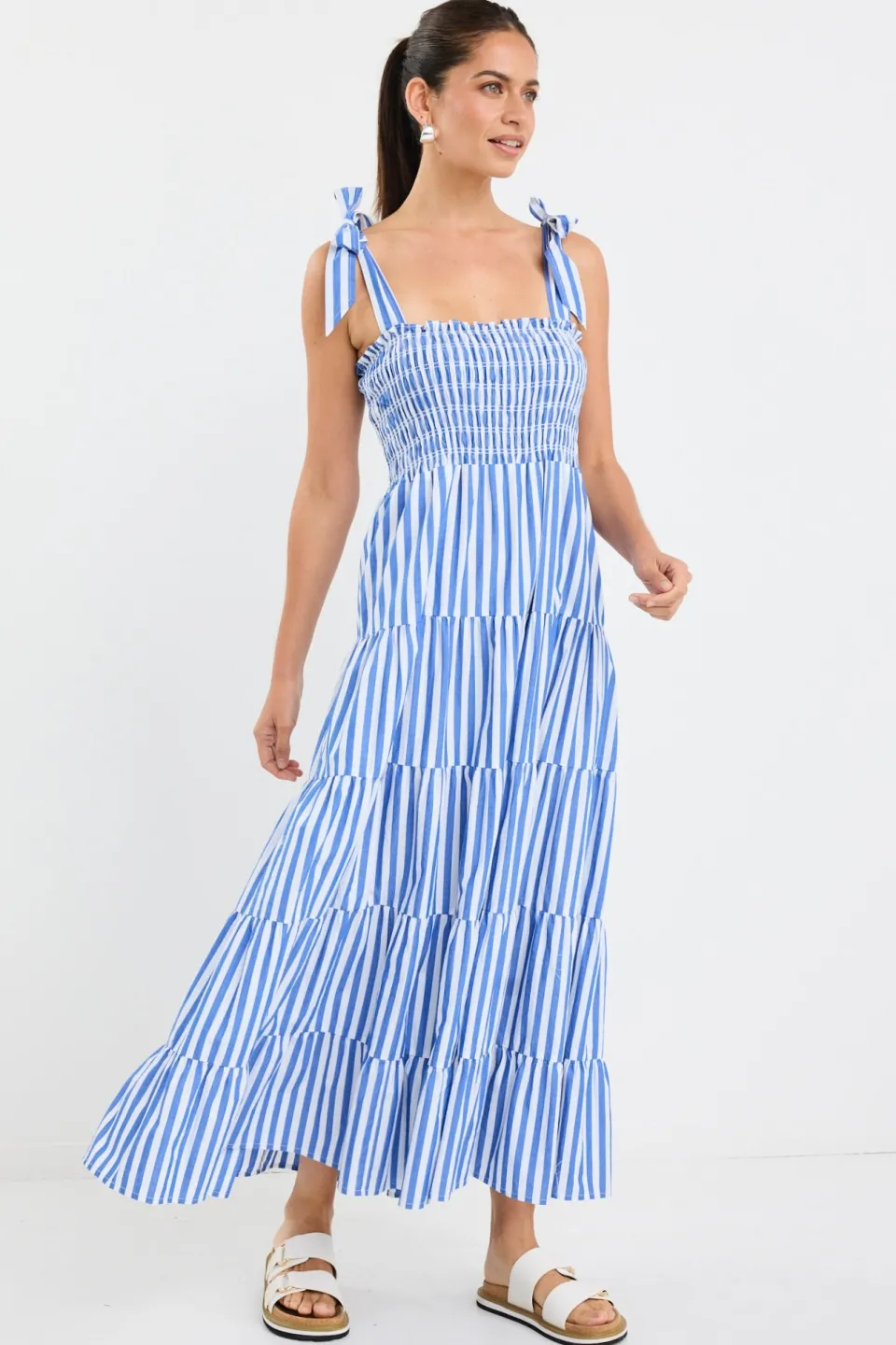 Ivy + Jack Isabella Blue White Stripe Strappy Tiered Maxi Dress