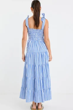 Ivy + Jack Isabella Blue White Stripe Strappy Tiered Maxi Dress