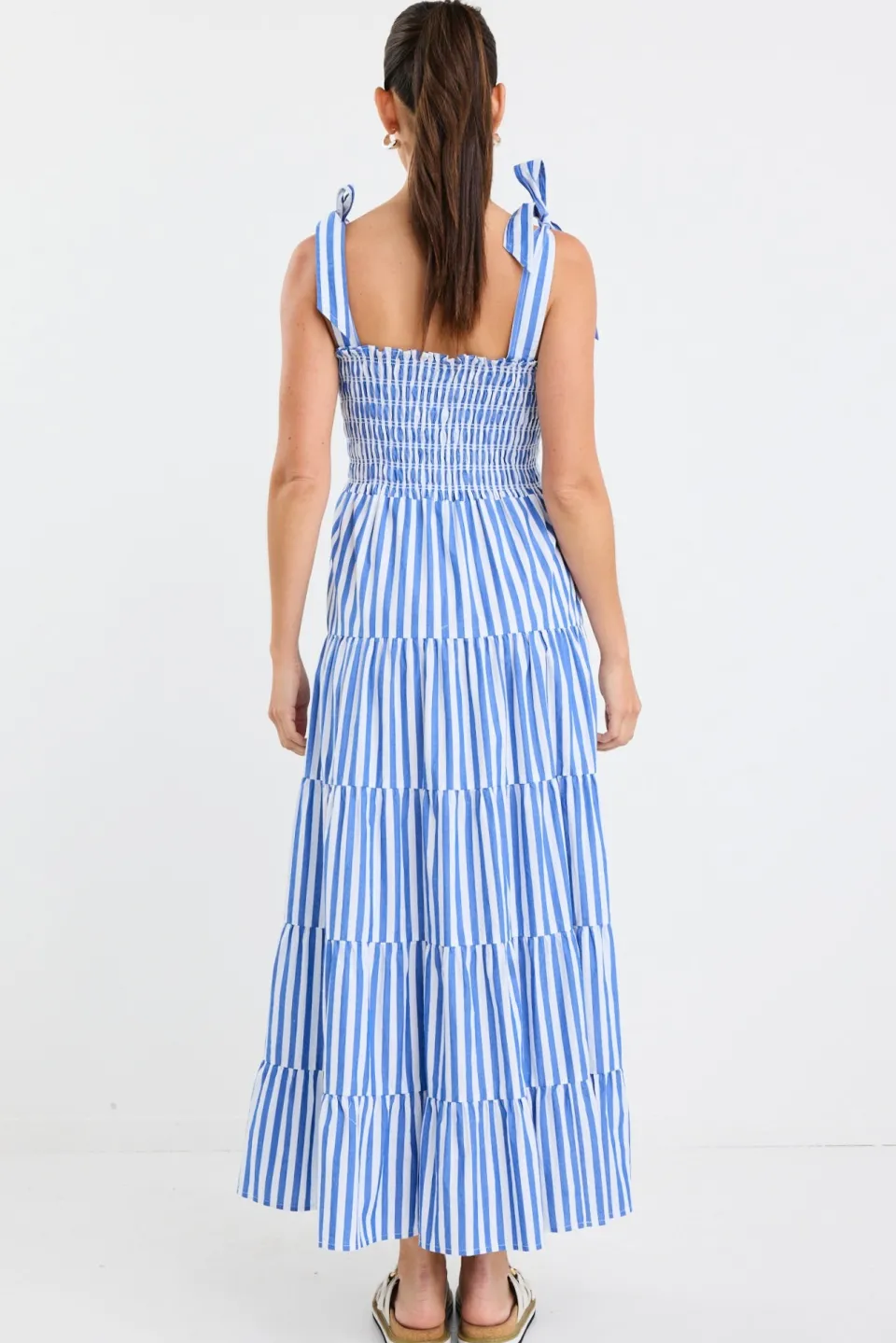 Ivy + Jack Isabella Blue White Stripe Strappy Tiered Maxi Dress