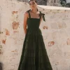Ivy + Jack Isabella Khaki Cotton Poplin Strappy Tiered Maxi Dress
