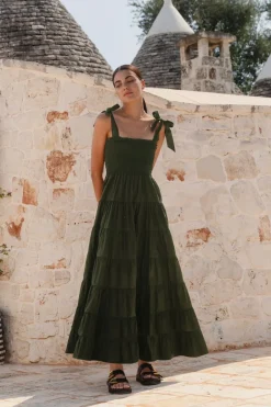 Ivy + Jack Isabella Khaki Cotton Poplin Strappy Tiered Maxi Dress