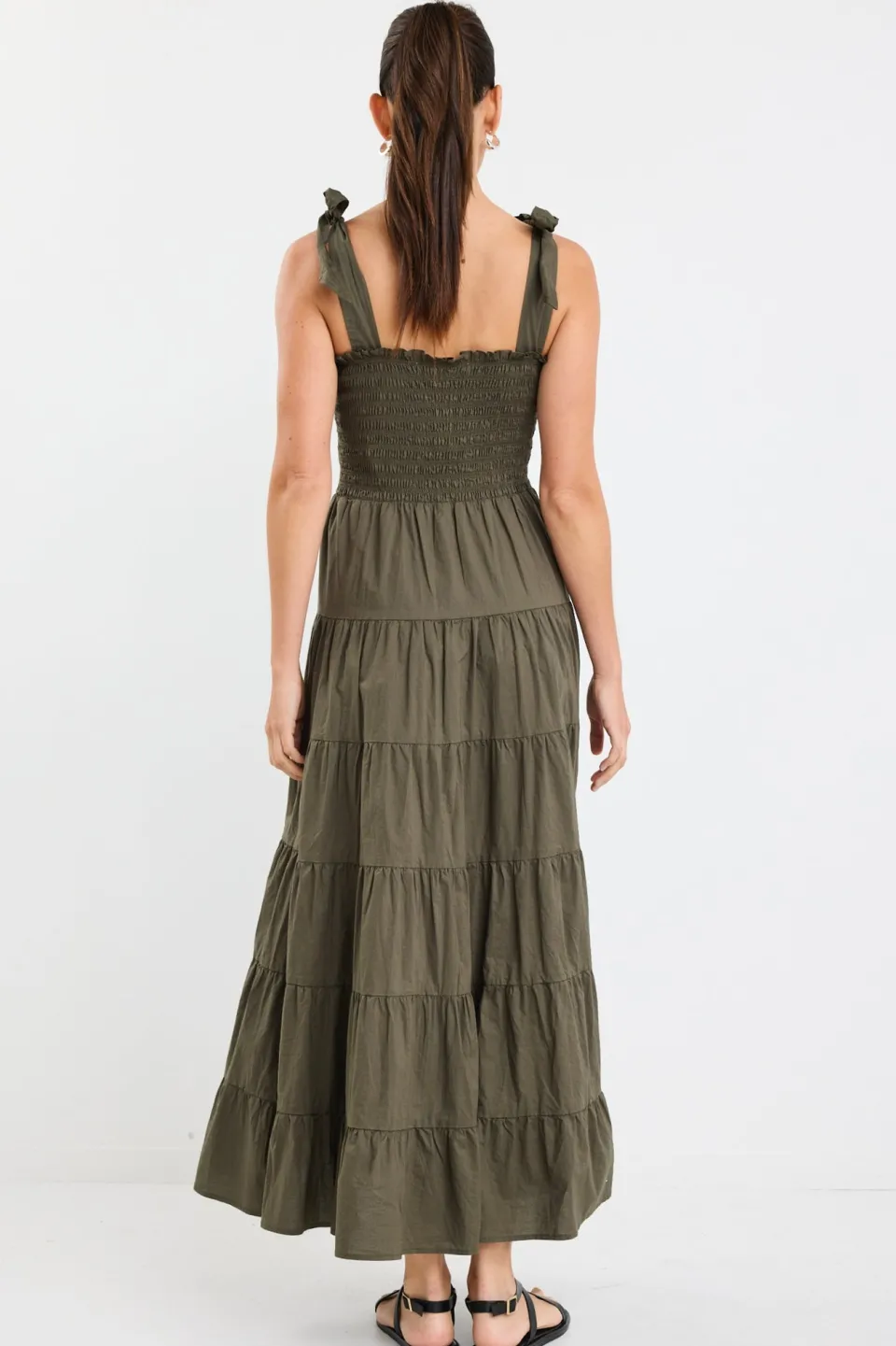 Ivy + Jack Isabella Khaki Cotton Poplin Strappy Tiered Maxi Dress
