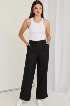 RE:UNION Label Island Black Linen Pleat Front Wide Leg Pant