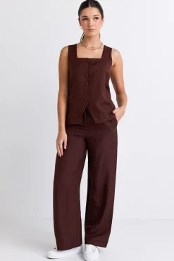 RE:UNION Label Island Chocolate Linen Pleat Front Wide Leg Pant