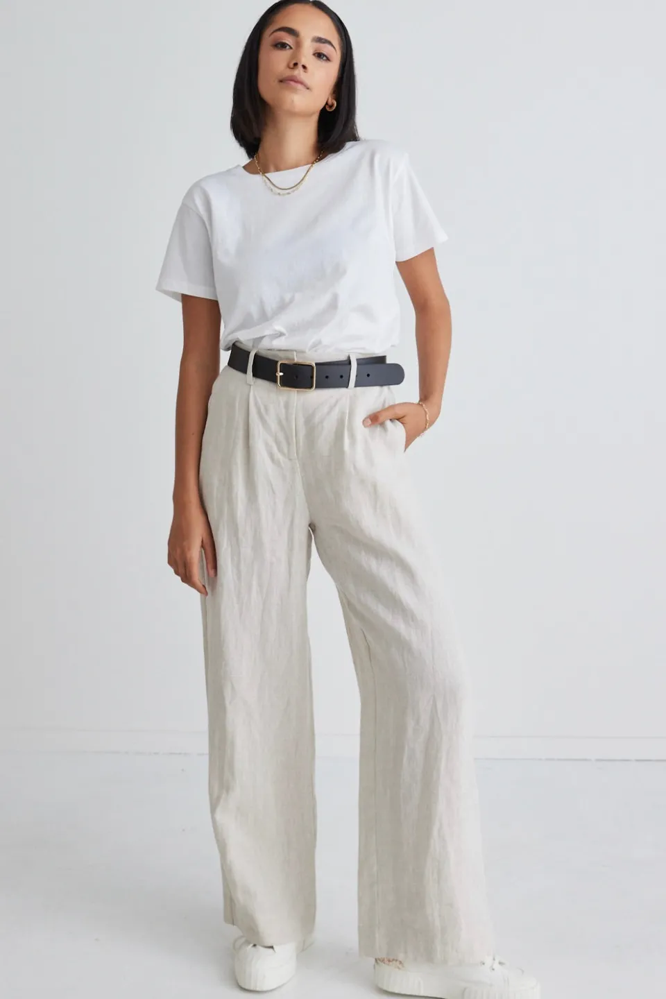 RE:UNION Label Island Natural Linen Pleat Front Wide Leg Pant