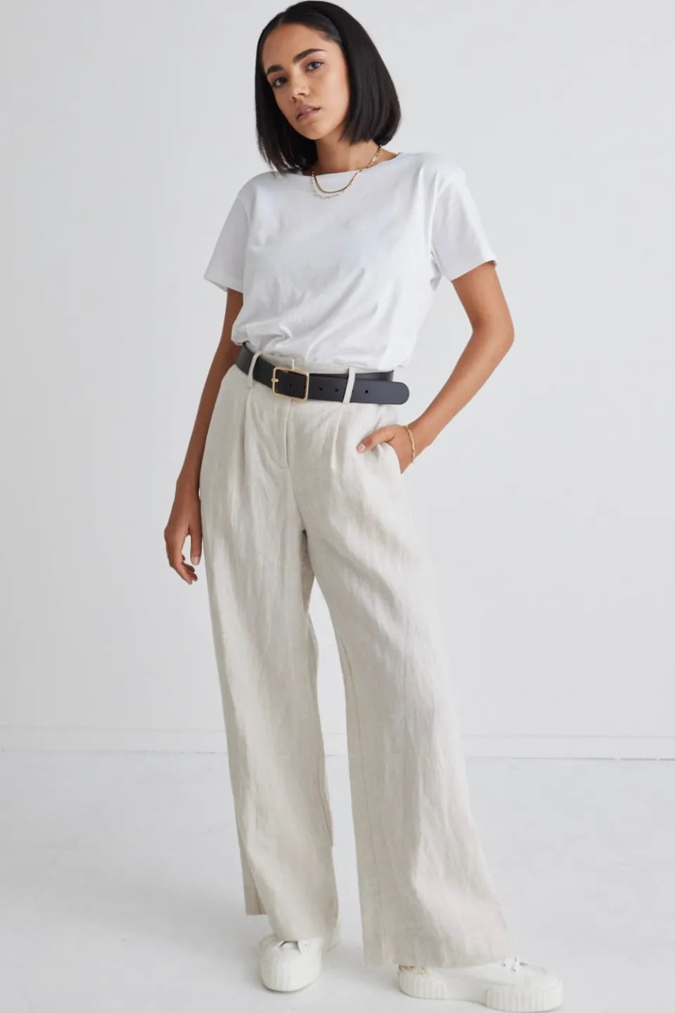 RE:UNION Label Island Natural Linen Pleat Front Wide Leg Pant