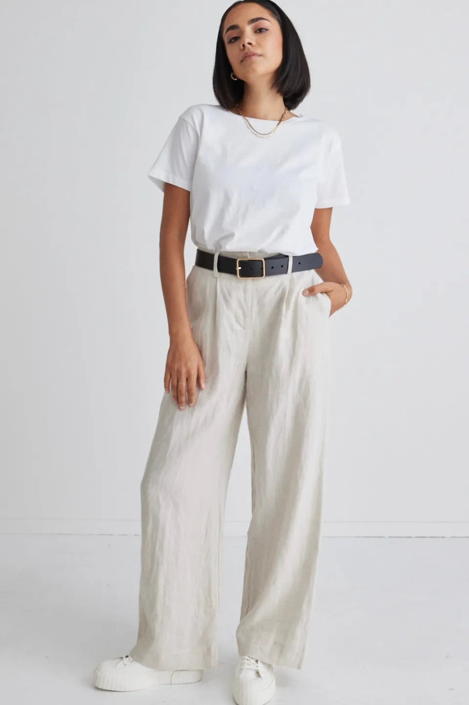 RE:UNION Label Island Natural Linen Pleat Front Wide Leg Pant