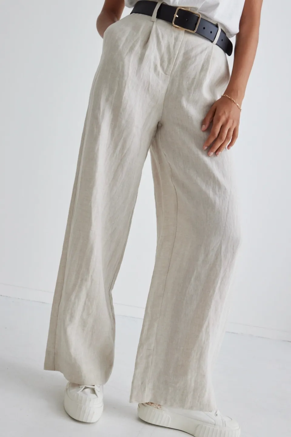 RE:UNION Label Island Natural Linen Pleat Front Wide Leg Pant