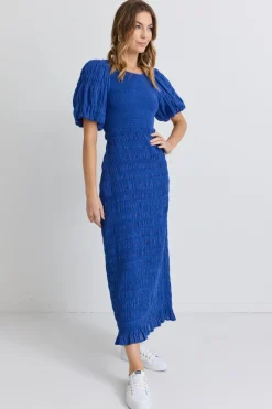 Ivy + Jack Jade Electric Blue Puff Sleeve Ruched Maxi Dress