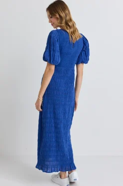 Ivy + Jack Jade Electric Blue Puff Sleeve Ruched Maxi Dress