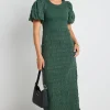 Ivy + Jack Jade Forest Shirred Cotton Puff Short Sleeve Ruched Maxi Dress