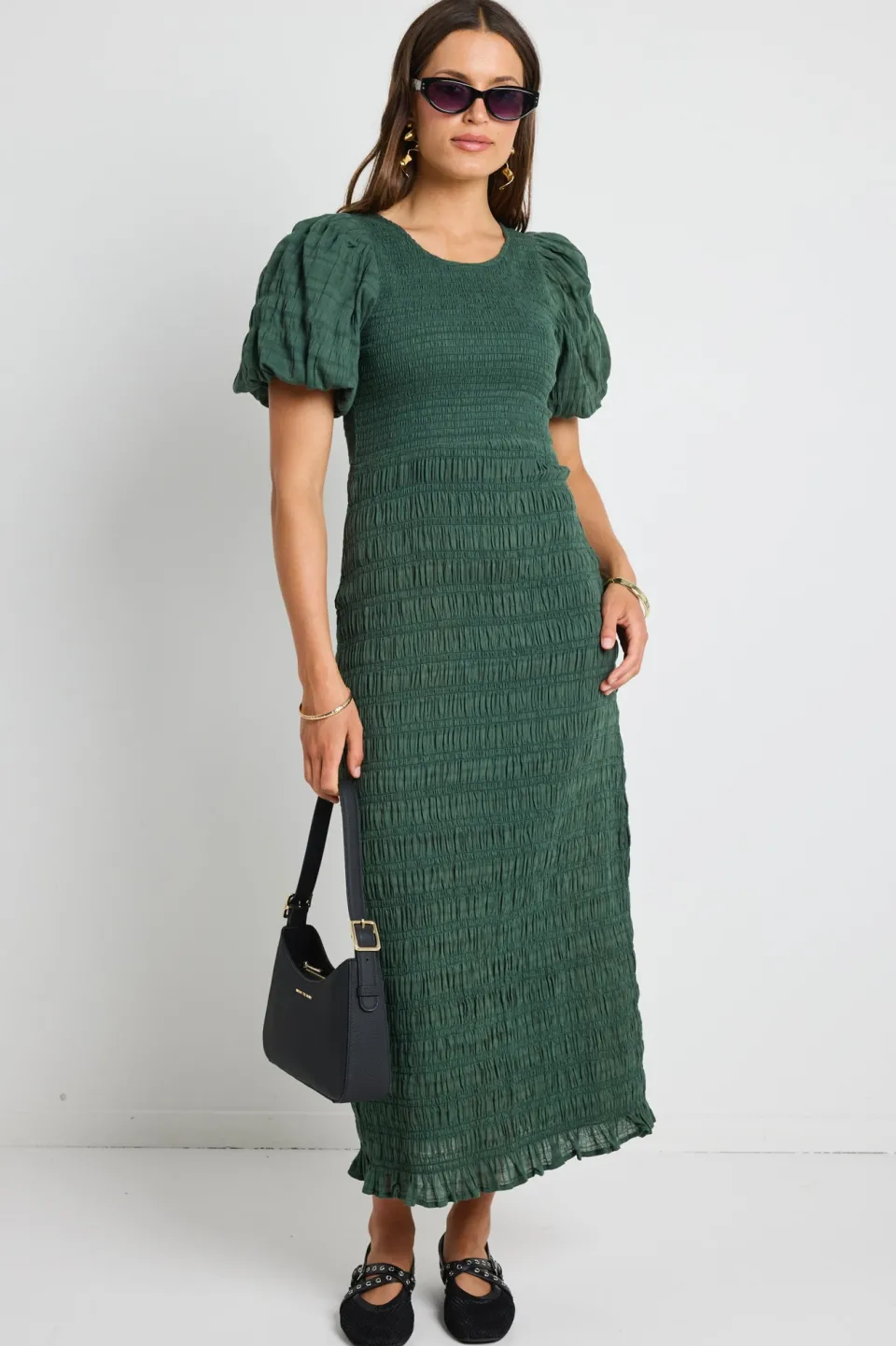 Ivy + Jack Jade Forest Shirred Cotton Puff Short Sleeve Ruched Maxi Dress