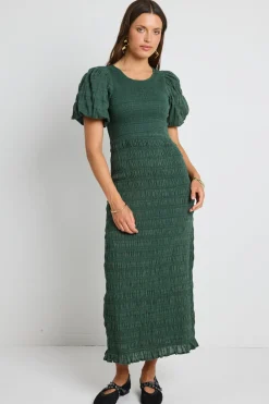 Ivy + Jack Jade Forest Shirred Cotton Puff Short Sleeve Ruched Maxi Dress