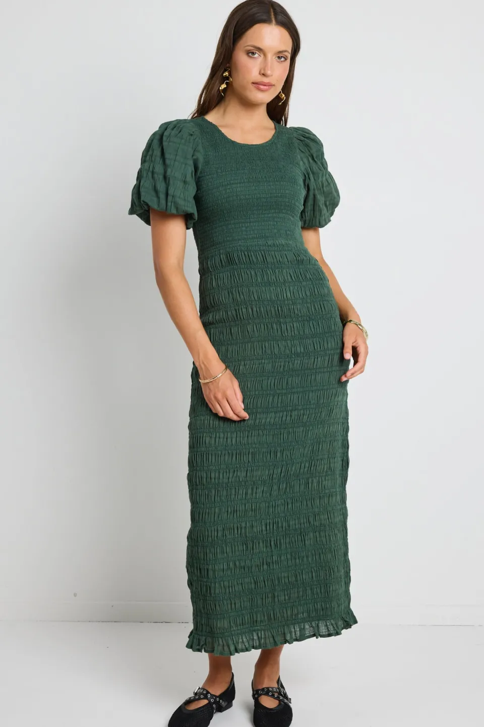 Ivy + Jack Jade Forest Shirred Cotton Puff Short Sleeve Ruched Maxi Dress