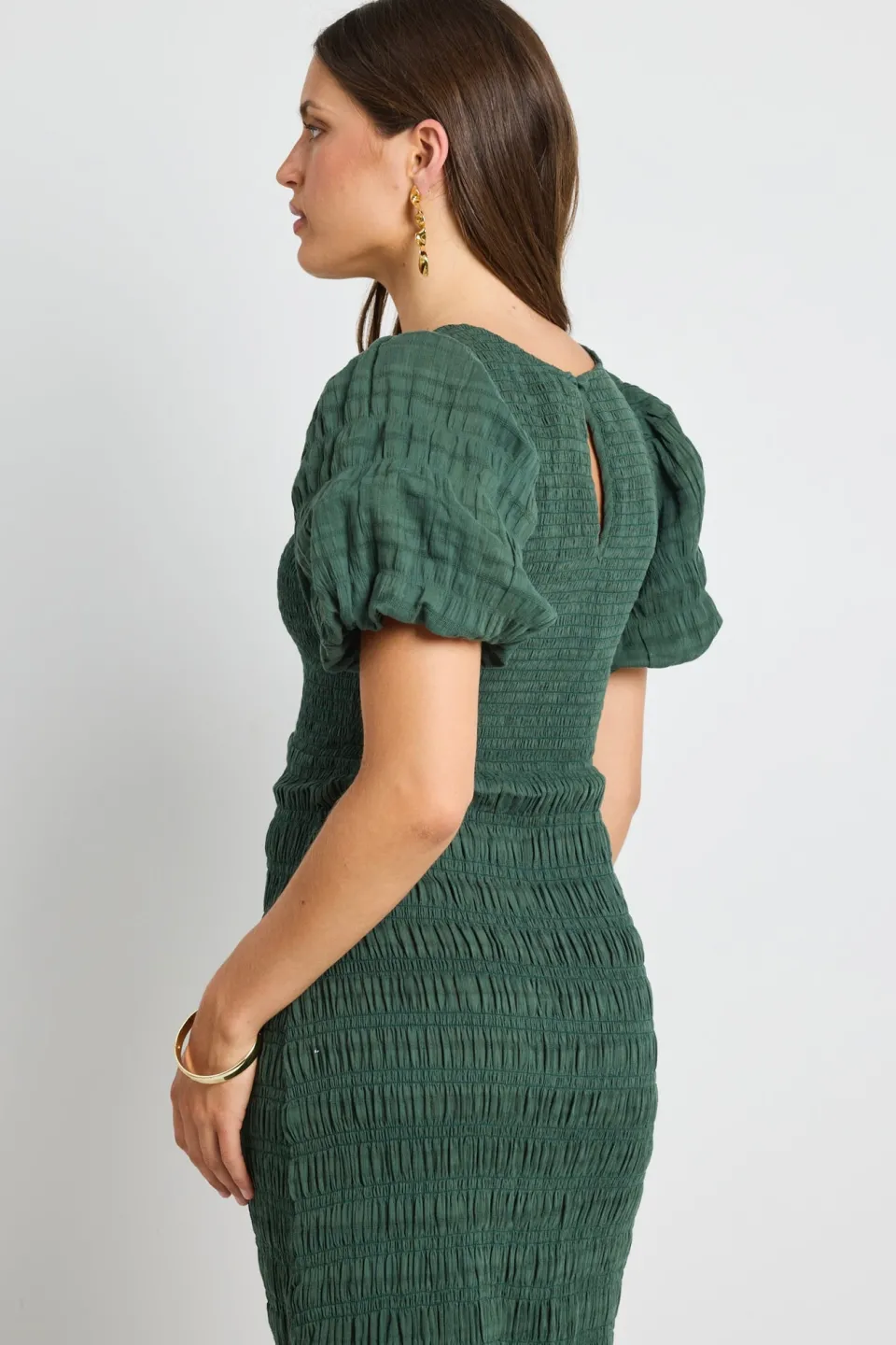Ivy + Jack Jade Forest Shirred Cotton Puff Short Sleeve Ruched Maxi Dress