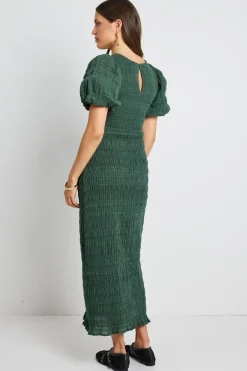 Ivy + Jack Jade Forest Shirred Cotton Puff Short Sleeve Ruched Maxi Dress