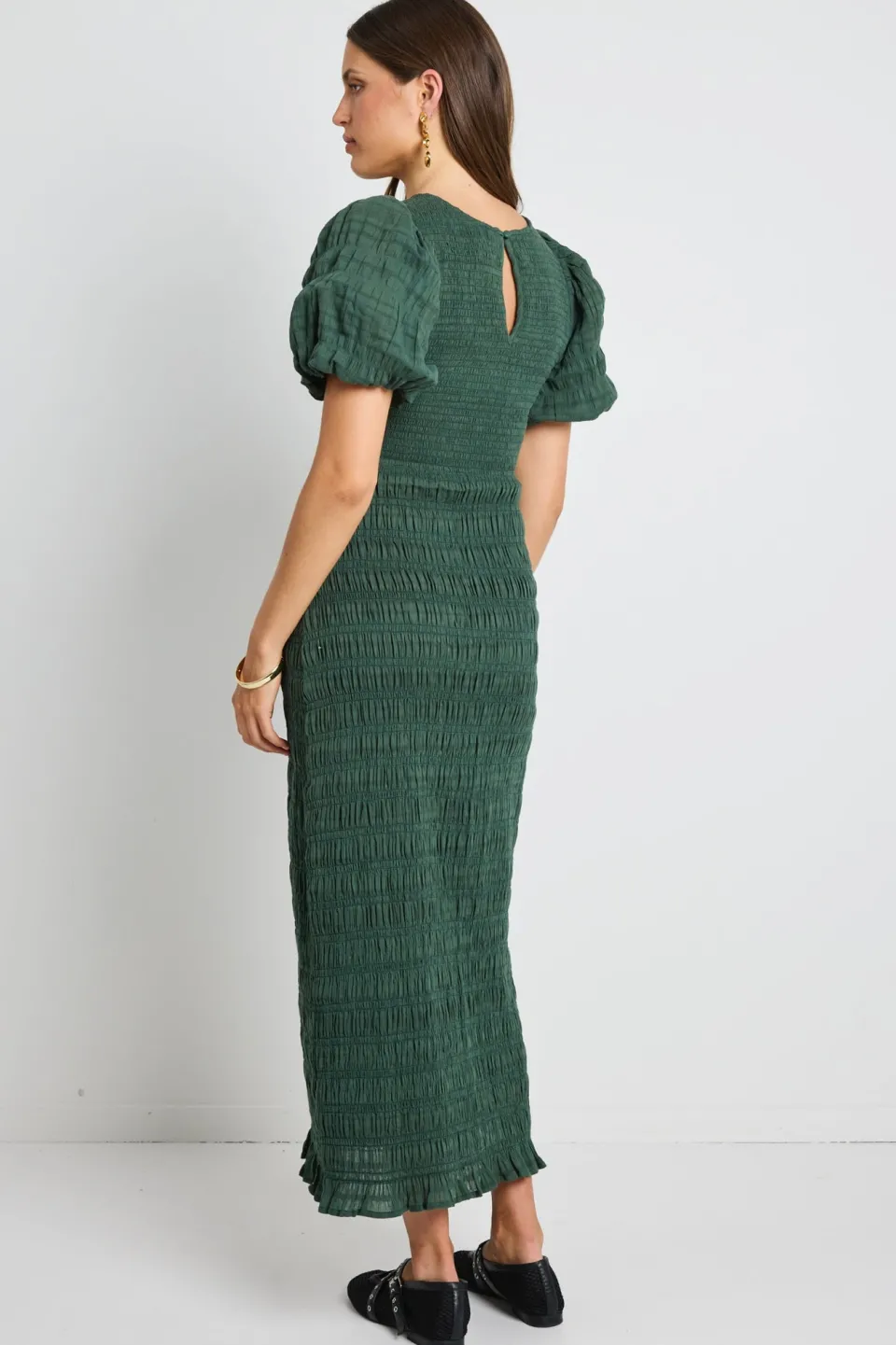 Ivy + Jack Jade Forest Shirred Cotton Puff Short Sleeve Ruched Maxi Dress