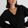 Ivy + Jack Jolie Black Shirred Cotton LS Button Down Top