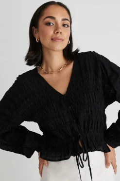 Ivy + Jack Jolie Black Shirred Cotton LS Button Down Top
