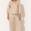 Adorne June Camel Contrast Stitch Linen Pant