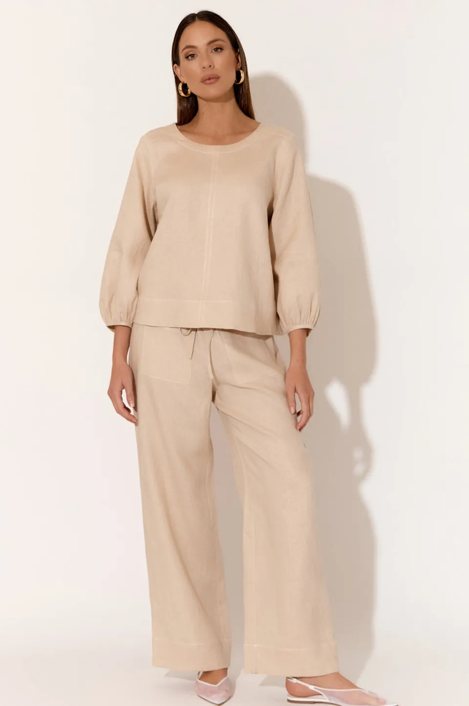 Adorne June Camel Contrast Stitch Linen Pant