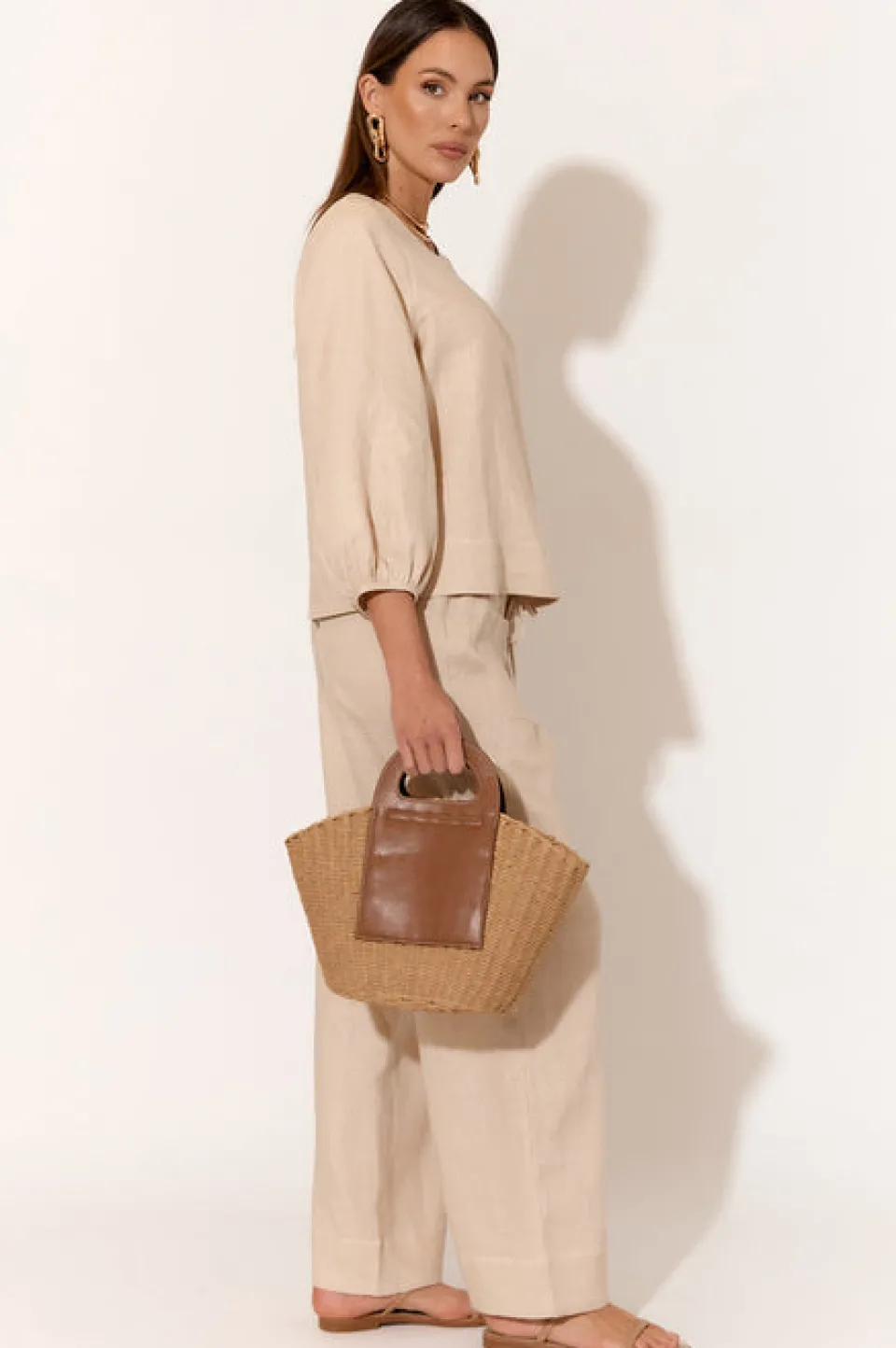 Adorne June Camel Contrast Stitch Linen Pant